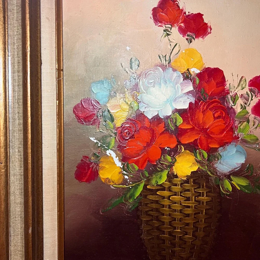 Vtg Signed Oil Painting Floral Still Life Basket Roses Gold Frame Cottagecore